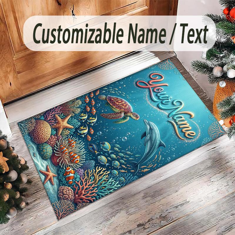 Mermaid Underwater Theme Crystal Velvet Rug Personalized Custom Name Text Soft Floor Mat Home Decor