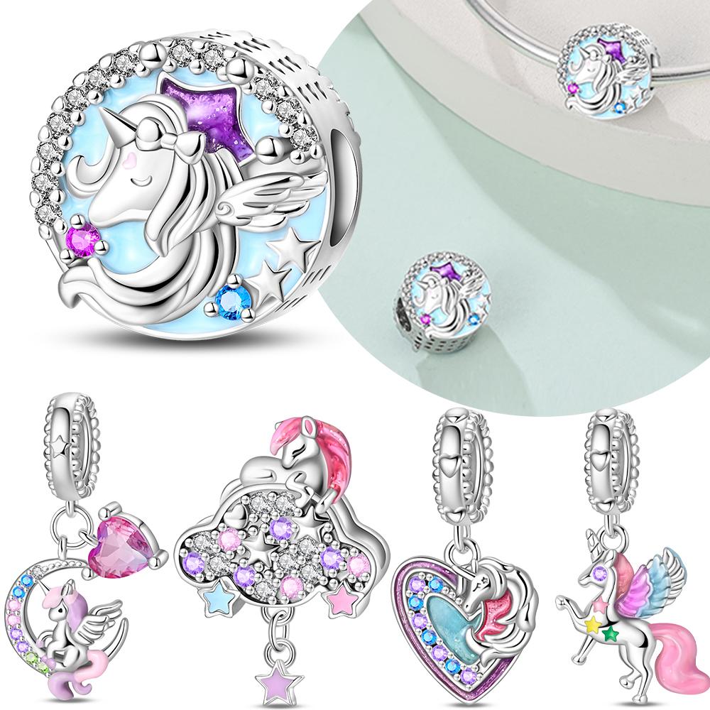 Charmsoriginales Pink Wonderland Unicorn Beads Fit Diy Heart Accessories Bracelet Jewelry Making Women'S Bags
