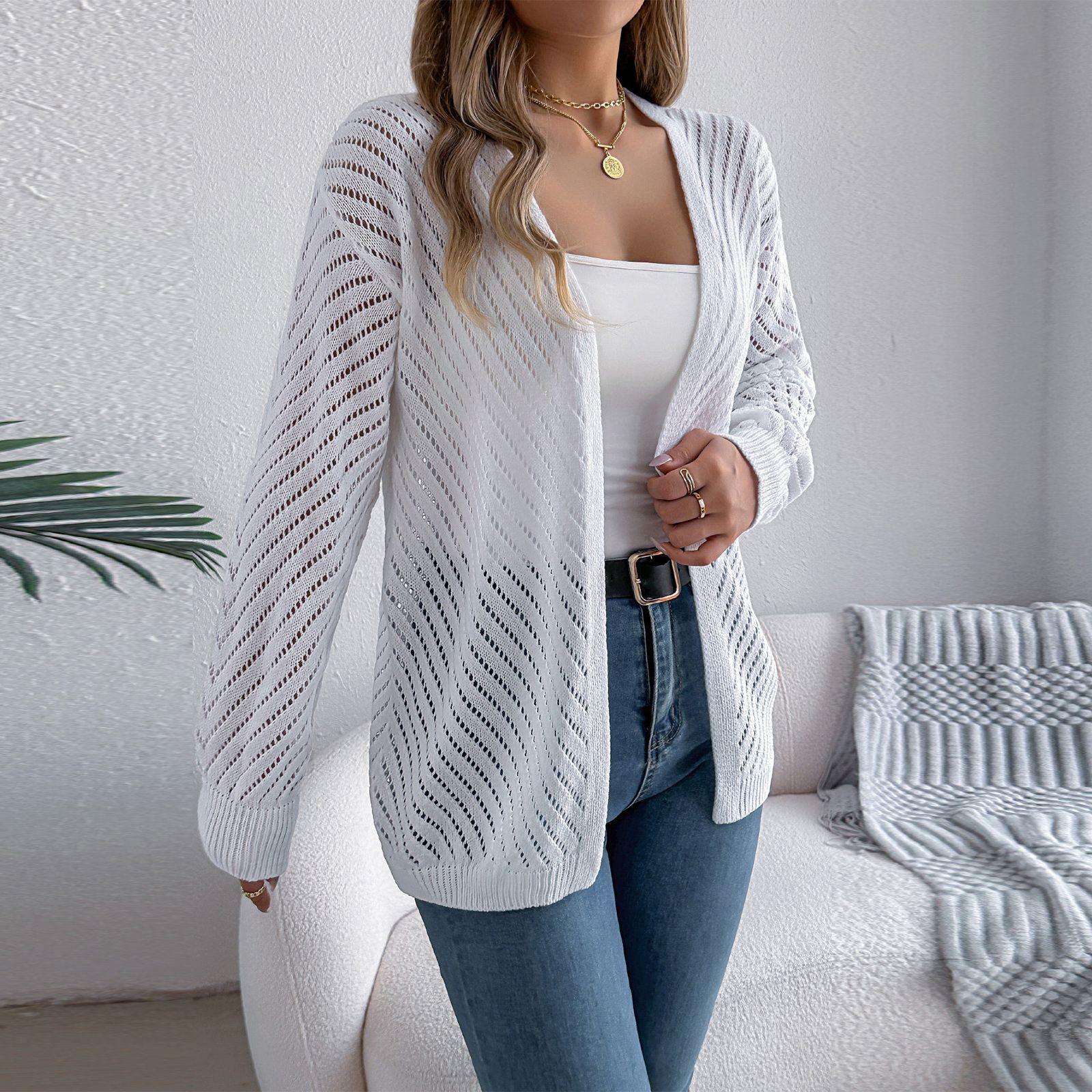 

Женская мода повседневная однотонная ажурная куртка с длинным рукавом кардиган свитер XL белый
