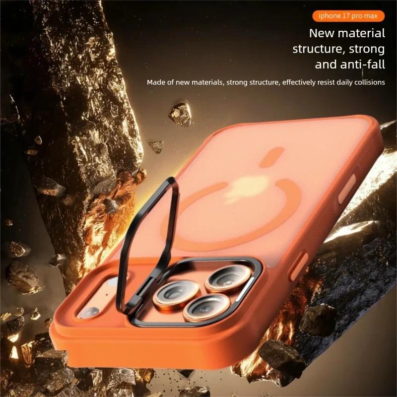Custodia magnetica con supporto per obiettivo in metallo per iPhone 17 Air 16 Plus 15 14 13 Pro Max con cordino a tracolla e protezione resistente