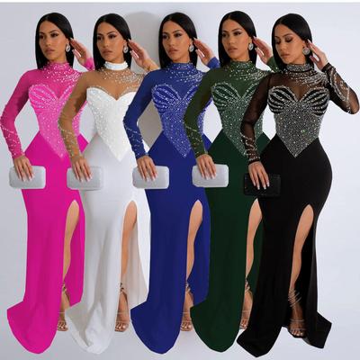 K2986 Women's See-Through Pearl Embellished Waist-Cinching Slit Dress