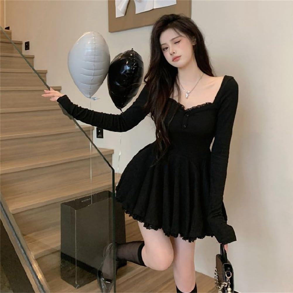 Sexy Solid Knit Dress with Tight Long Mini Square Lolita Short Perfect for Everyday and Dates [SDSXZWG] Women's Fit, Sleeves, Lace, Neck, A-Line,