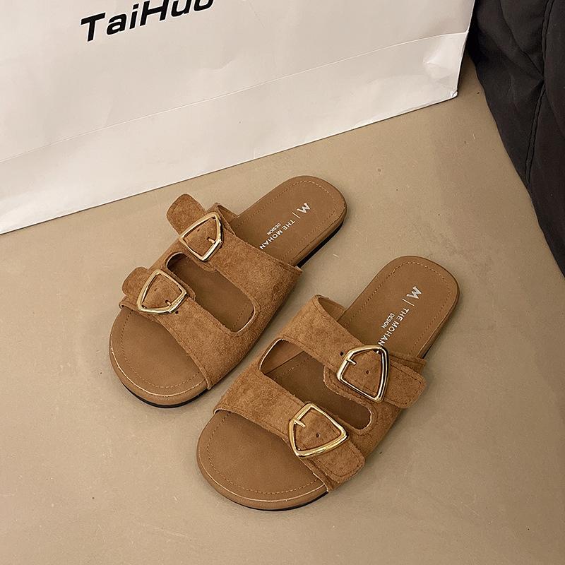 

Internet celebrity flat bottom one-word shoes women s summer new flat heel soft sole casual outer wear buckle lazy versatile cool slippers 40 коричневый