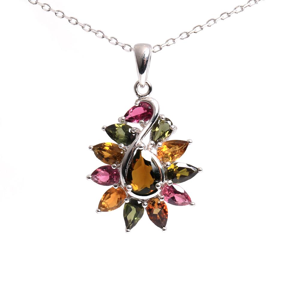 925 Sterling silver Gorgeous design Colorful Natural Tourmaline pendant necklace for women girls fine jewelry nice gift