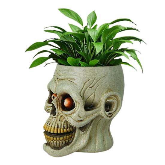 Skull Flower Pot Resin Human Skull Planter Halloween Candy Bowl Gothic Plant Pot for Succulents Home Office Desk Decoration