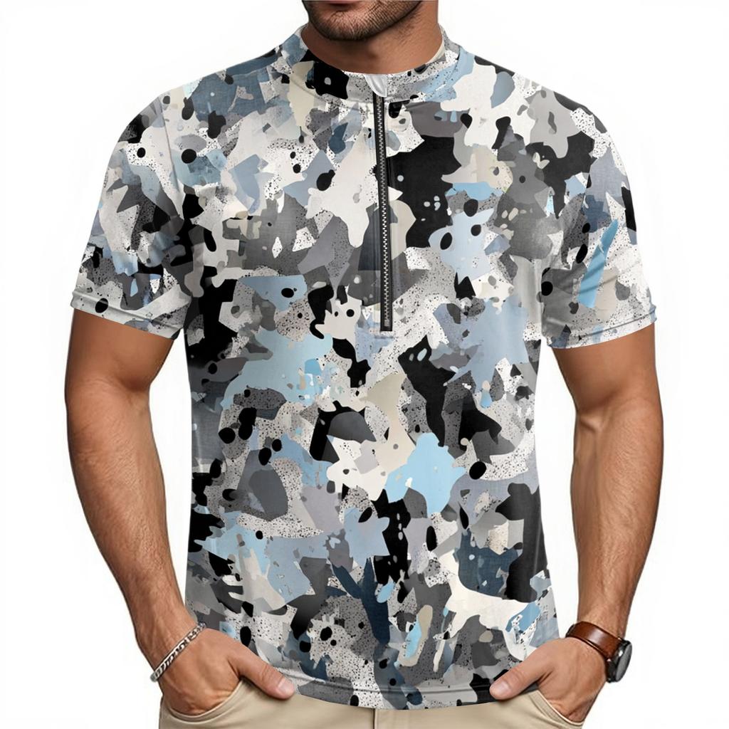Men's Short Sleeve Cycling Jersey Breathable Quick Dry Half Zip Round Neck Printed Sports Shirt Lightweight Performance Top for Biking