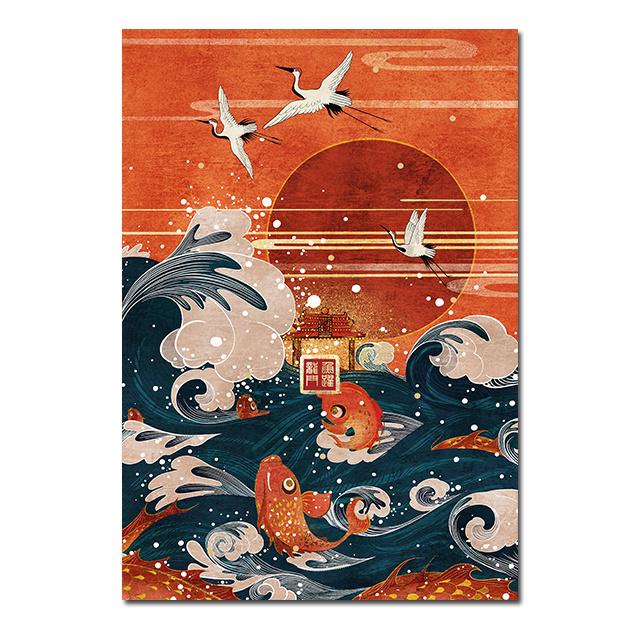 Retro Chinese Style Gold Flying Crane Abstract Sun Animal Canvas Painting Birds Posters Prints Wall Painting for the Living Room