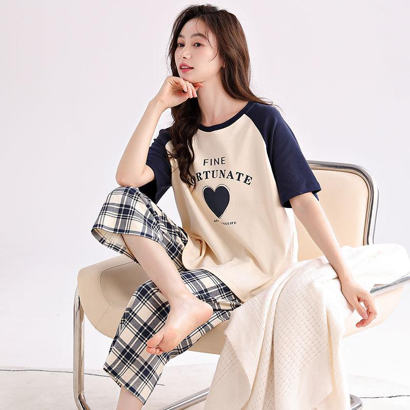 

New pure cotton pajamas women s summer sweet loose thin round neck short-sleeved cropped pants loungewear set m recommended 40-50kg
