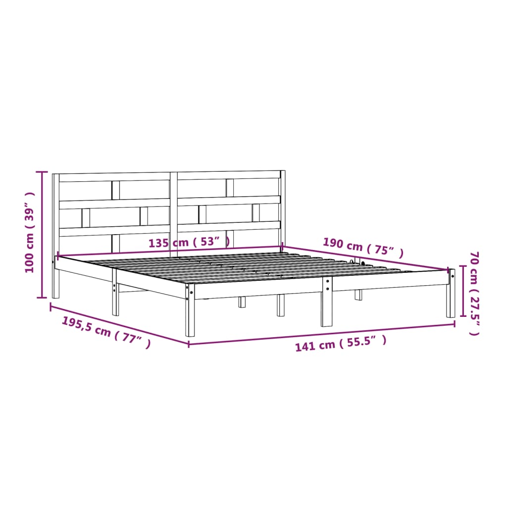 Solid Wood Bed Black 135 x 190 cm