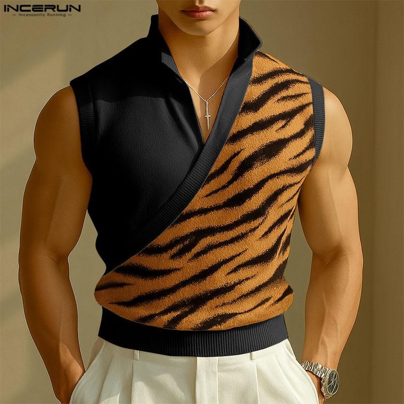 INCERUN Summer Men V Neck Sleeveless Stitching Striped Print Casual Tank Tops 