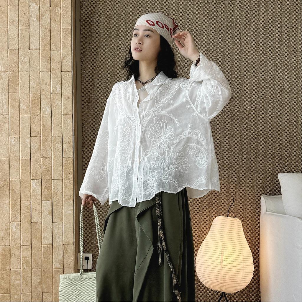 Spring And Summer French Retro Temperament Embroidered Cashew Pattern Shirt, Lightweight See Through Top For Women