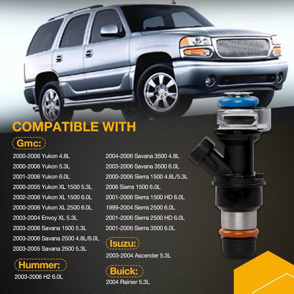 4.8 5.3 6.0 Fuel Injector 4 Holes 8Pcs, Compatible With 1999-2006 Chevrolet Silverado Suburban Tahoe Cadillac Escalade GMC Sierra Yukon Isuzu Hummer