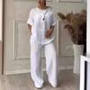 Oversized Loose Top Wide Leg Pants Casual Cotton Linen Set for Women