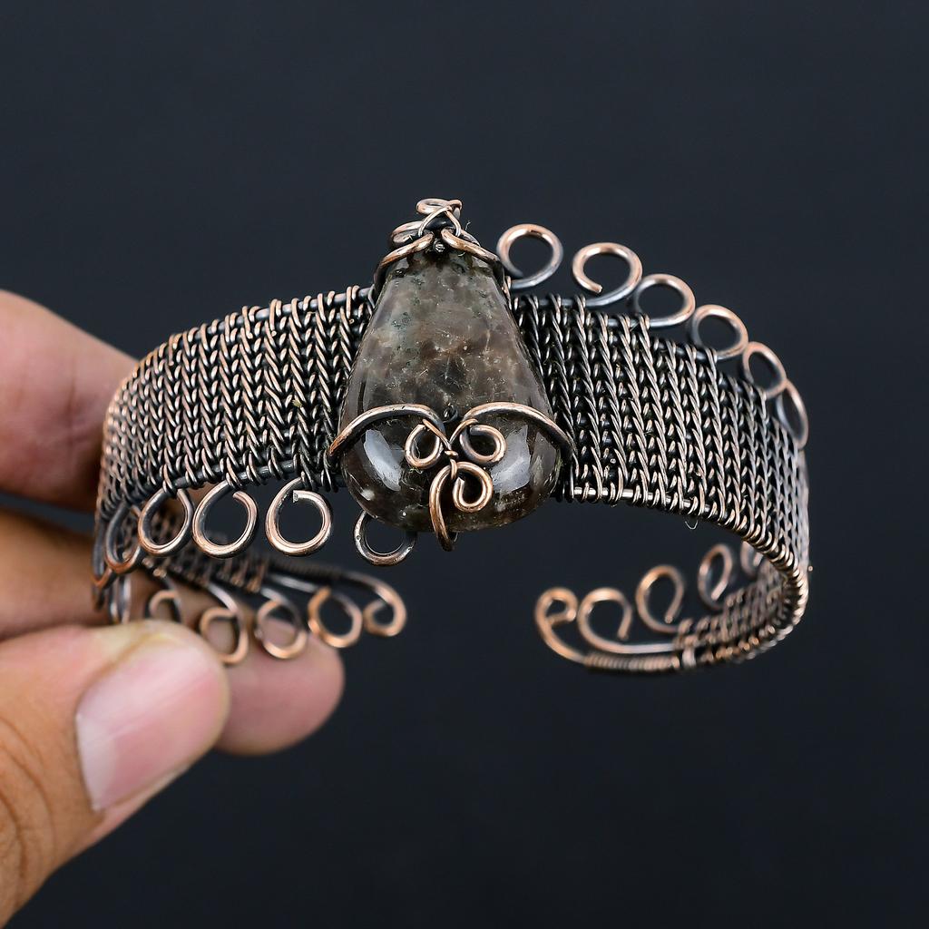 Natural Labradorite Gemstone Handmade Copper Wire Wrap Bangle Adjustable E2s46