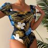 Swimsuit Women's Split One Piece Set High Waist Short Sleeve Ins Overshirt Drawstring Printed Bikini Suits
