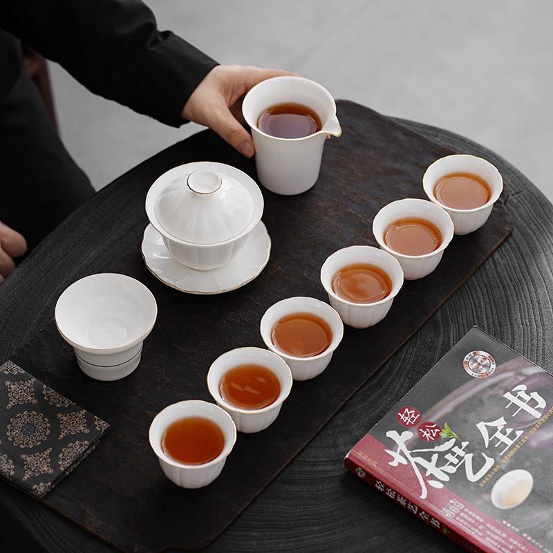 Mutton Fat Jade Dehua White Porcelain Tea Set: 10-Piece Gaiwan for Corporate or Household Gifts