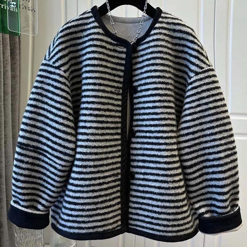 Coats for Women Winter Jacket Stripe Thickened Velvet Windbreaker Loose Casual Coat Top