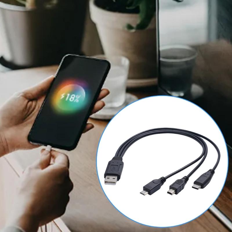 USB Charging Spliter Cable 3 in 1 Data Cord with Type C Tiny  USB & Mini 5P  Connectors 30cm Length for Fast Charging