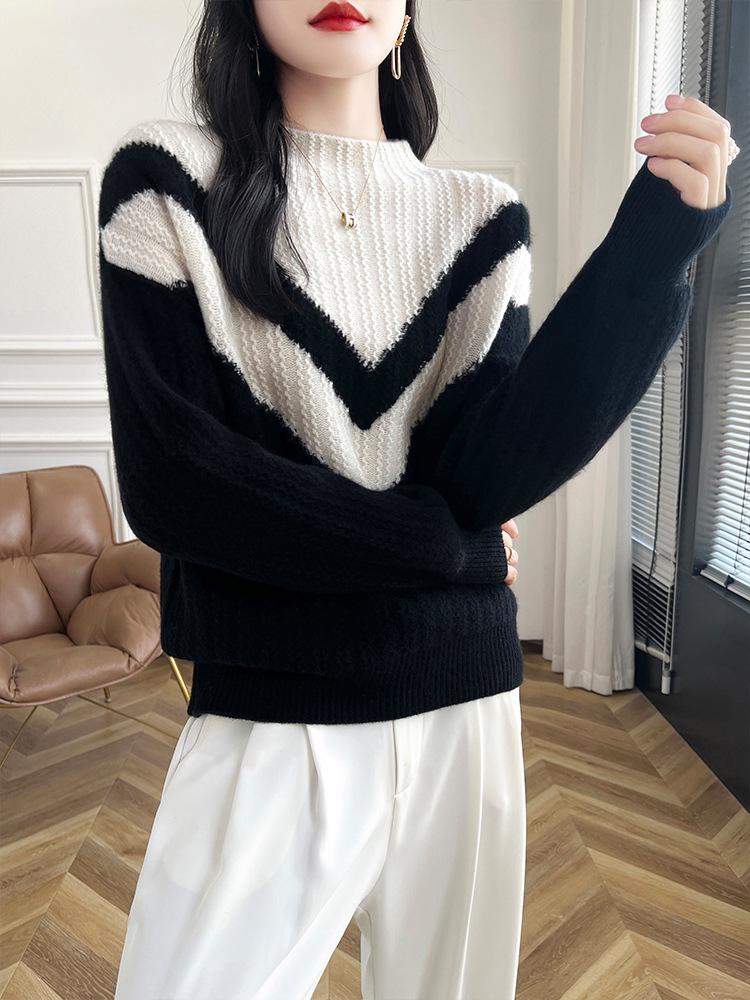 Colorblock Cashmere Turtleneck Sweater - Women's Slimming Autumn/Winter Knitted Pullover