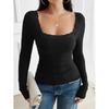 Spring/Summer Solid Color Top for Women Casual Slim Fit Ribbed U-Neck Lace Long-Sleeve T-Shirt