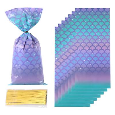 50PCS Celofán de Sirena con Lazos Retorcidos Bolsas de Favores para Fiesta de Sirena Bolsas de Golosinas de Caramelo para Fiesta de Sirena Fondo Ancho para Decoración de Fiesta de Cumpleaños de Niñas Sirena