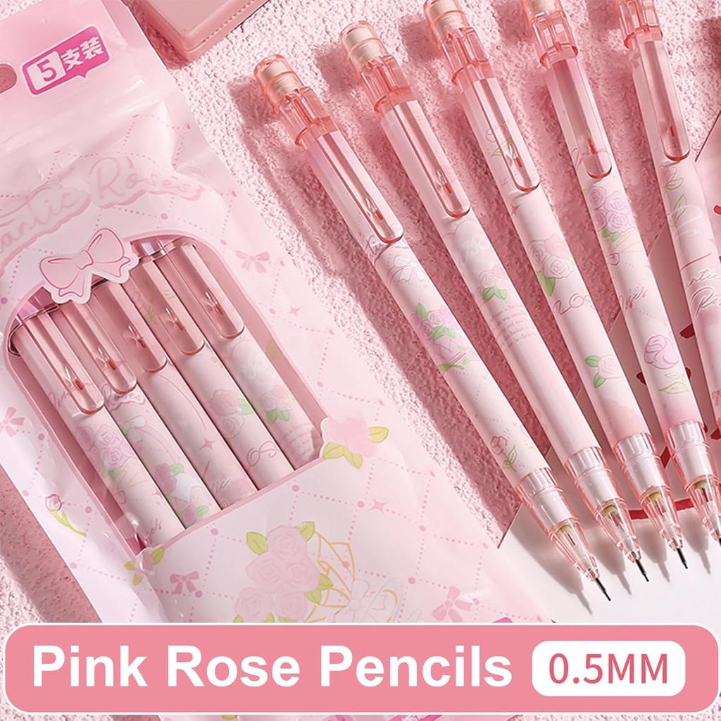 Cute Pink Mechanical Pencils with Refills and Erasers, 0.5mm Cute Mechanical Pencil Kawaii Flower Pencils for Students Women Girls Pencil Office