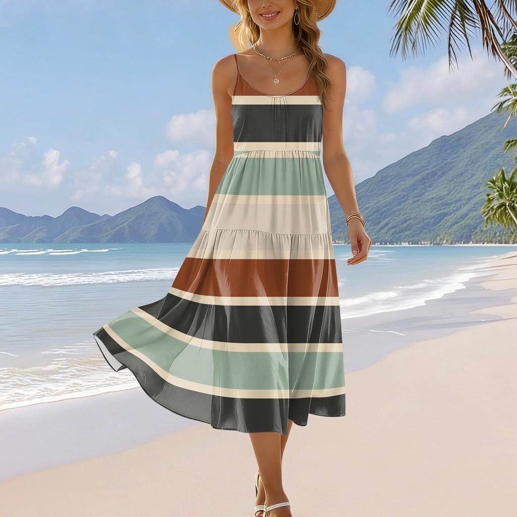 Women's Summer Fashion Printed Pocket Adjustable Shoulder Strap Bohemian Leisure Beach Resort Strap Dress