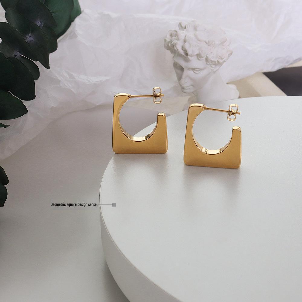 French Style Geometric Square Titanium Steel Earrings, Personalized 18K Gold Ins Accessories