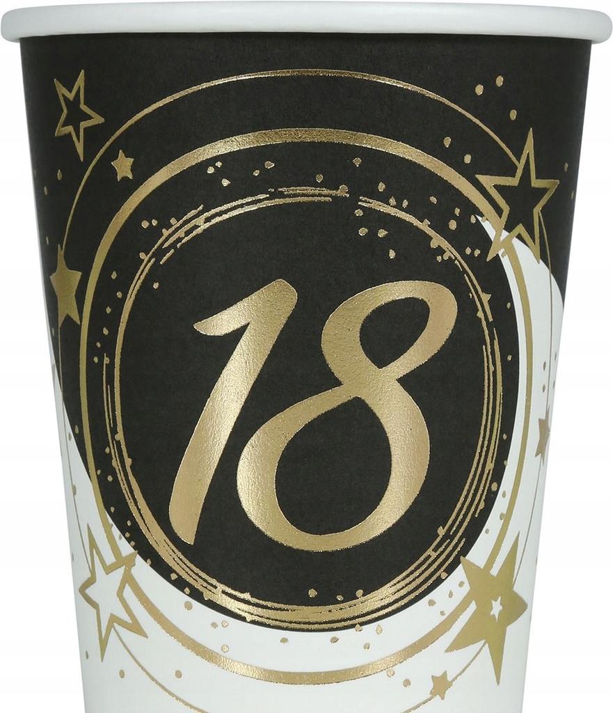 Kubeczki Papierowe 18 Urodziny Osiemnastka Złote Czarne Party 240Ml 6Szt.