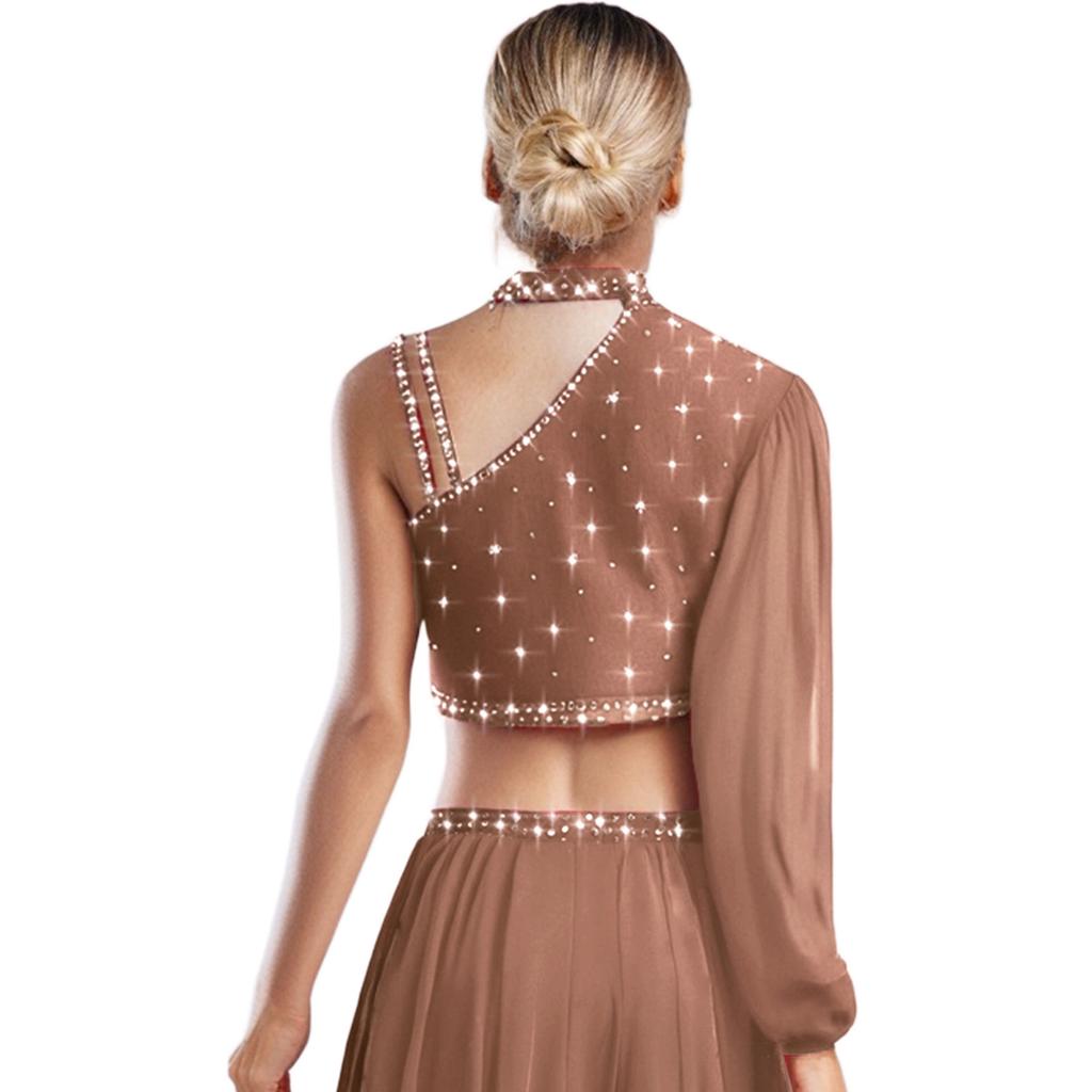 Damen Zeitgenössischer Tanz Top Asymmetrisch Transparentes Mesh Langarm Buntes Strass Crop Top