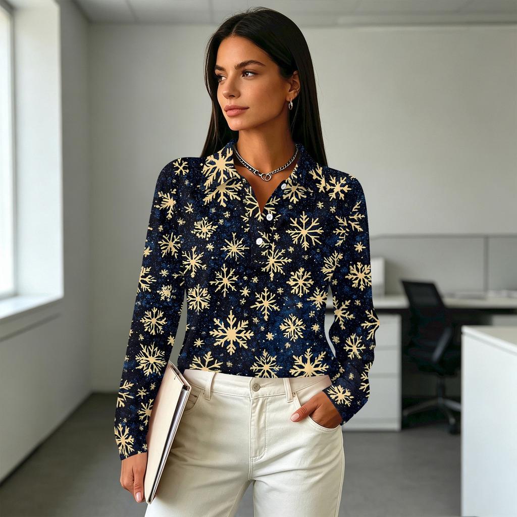 Women's Christmas Print Long Sleeve Button Front Collared Casual Top with Side Slits