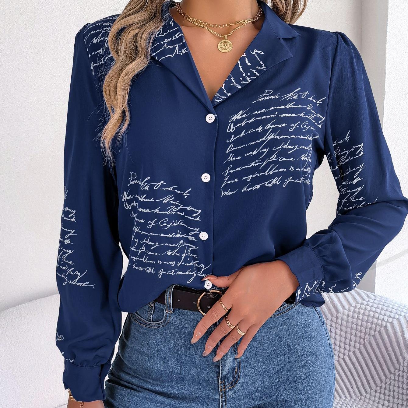 

GMXIA женский модный повседневный летний костюм, блузки с воротником и длинными рукавами и рубашки с алфавитом XL темно-синий