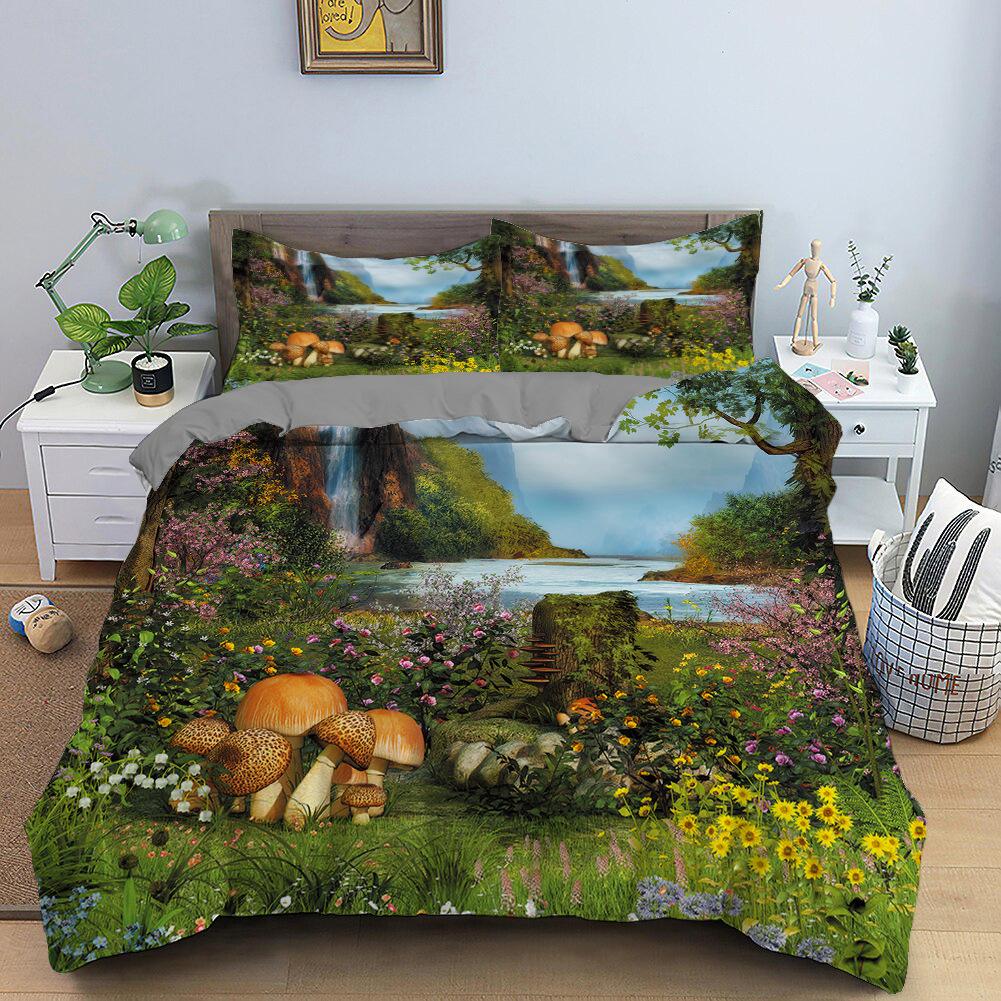 Green Forest King Queen Duvet Cover Fairy Cartoon Trees Elk Bedding Set For Adults Plant Animal 2/3pcs Polyester Comforter Cover