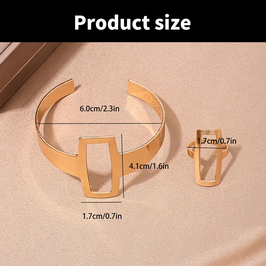 Geometric Open Cuff Bracelet and Ring Set Featuring Hollow Designs Adjustable Open Jewelry Present for Fashionable Women