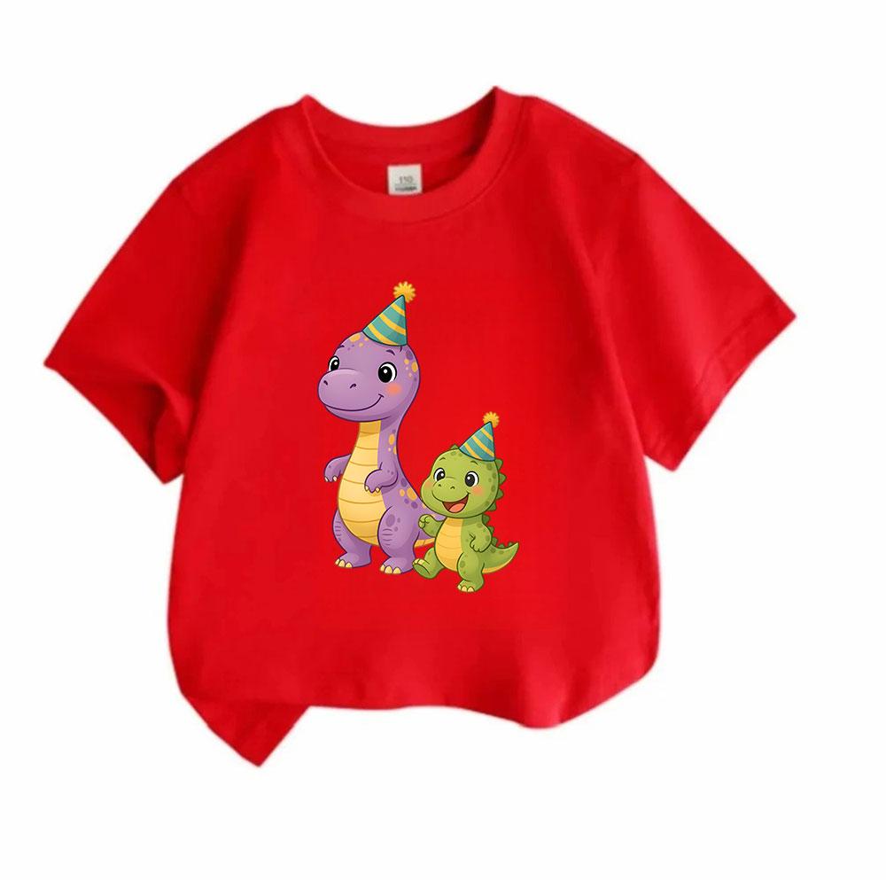 Cute Kids Boys Girls 100% Cotton Crew Neck Short Sleeve T-Shirt, Adorable Cartoon Dinosaur with Party Hats Print Casual Lightweight Tee for Children D