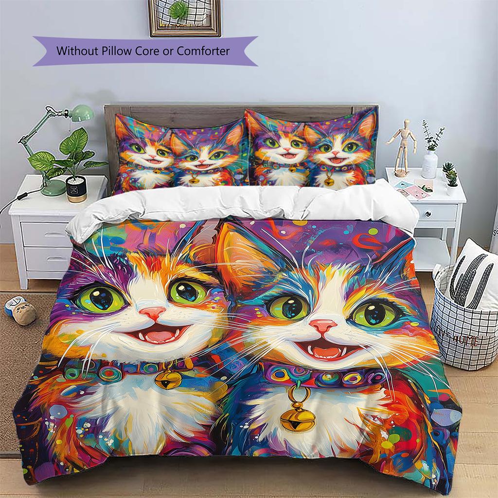 Cartoon Calico Cat Pattern Bedding Home Decoration Birthday Gift (1 * duvet cover + 2 * pillowcase, without core)