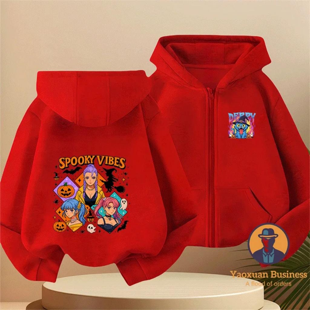 Halloween Style KPop Devil Hunter Girl Children's Zipper Hoodie Cute Cartoon Print Warm Windproof Autumn and Winter Fashion Clothing