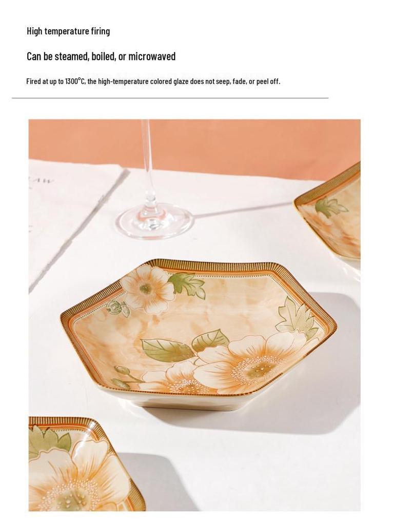 European Jasmine Rhombus Ceramic Dinnerware Set - Includes Small Plates, Fruit Plates, and Dinner Plates.