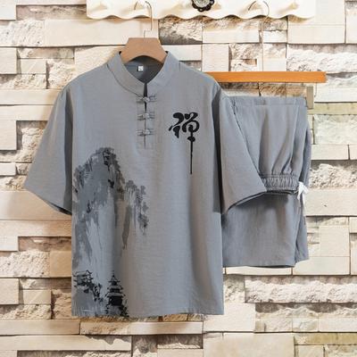 2025 Summer Chinese Style Tang Suit Men Shorts Tai Chi Uniform Retro O-Neck Short Sleeve Print Shirt Pants 2 Piece Sets