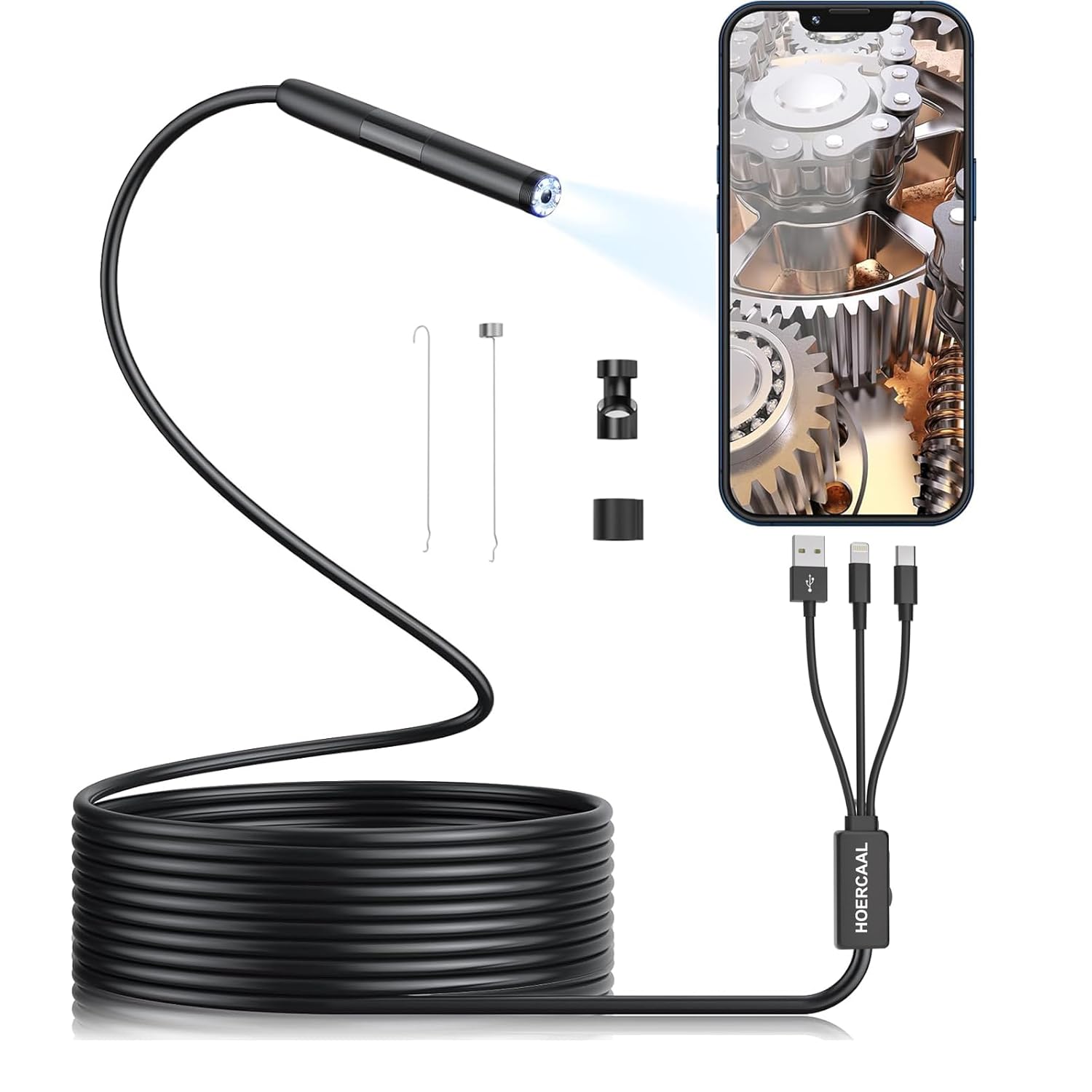 Endoscope Industrial Borescope 3 in 1 USB Waterproof HD Camera 1920P Borescope with 8 Adjustable LED Lights, 16.4ft 8mm Semi-Rigid Snake Cable IP67