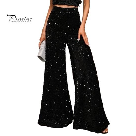 Women Casual Pants Elastic High Waisted Wide Leg Trousers Sparkling Leisure Design Sequin Parties Vacation Streetwear Soft