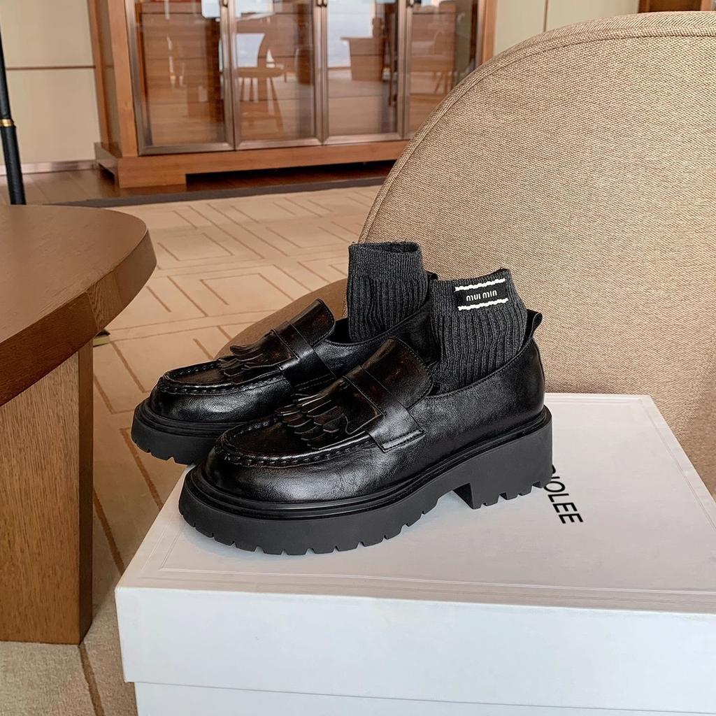 Grape Mother, the Same Round Head Double-layer Fringed Thick Sole Heightening Thick Heel Small Leather Shoes, One Pedal Versatile Shallow M