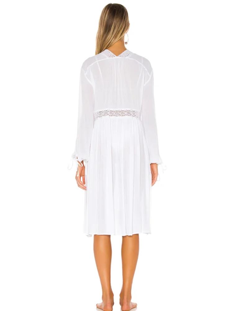 Elegant White Chiffon Women's Lace Long Sleeved Bow Cardigan Bathing Suit Cover Ups Beach Sarong Robe de Plage Tunic  Q947