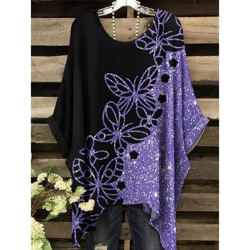 Damskie T-shirty Letnie Gradientowe Sequin Graficzne Topy Dekolt O-neck Damska Odzież Vintage Kwiatowy Nadruk Koszulki Luźne Oversize