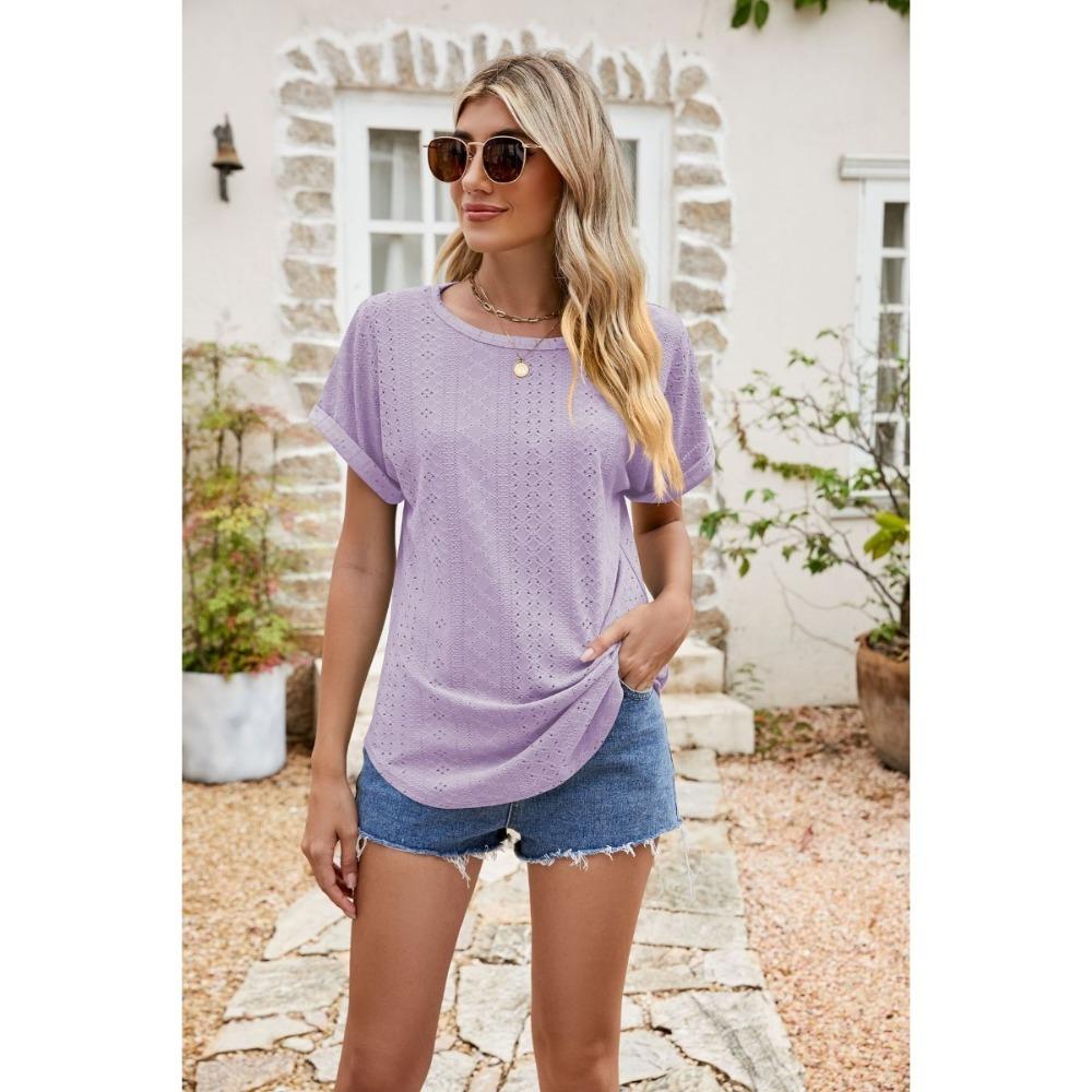 Top Eyelets Summer Spring Curved Hem, Casual Women's Short Sleeved Fashionable T-shirt Beach Vacation Short Style