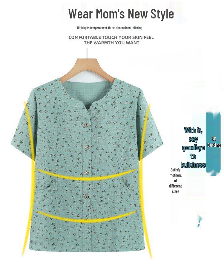 Grandma's Summer Cotton Short Sleeve Shirt - Women's Cotton Linen Top for Middle-aged and Elderly