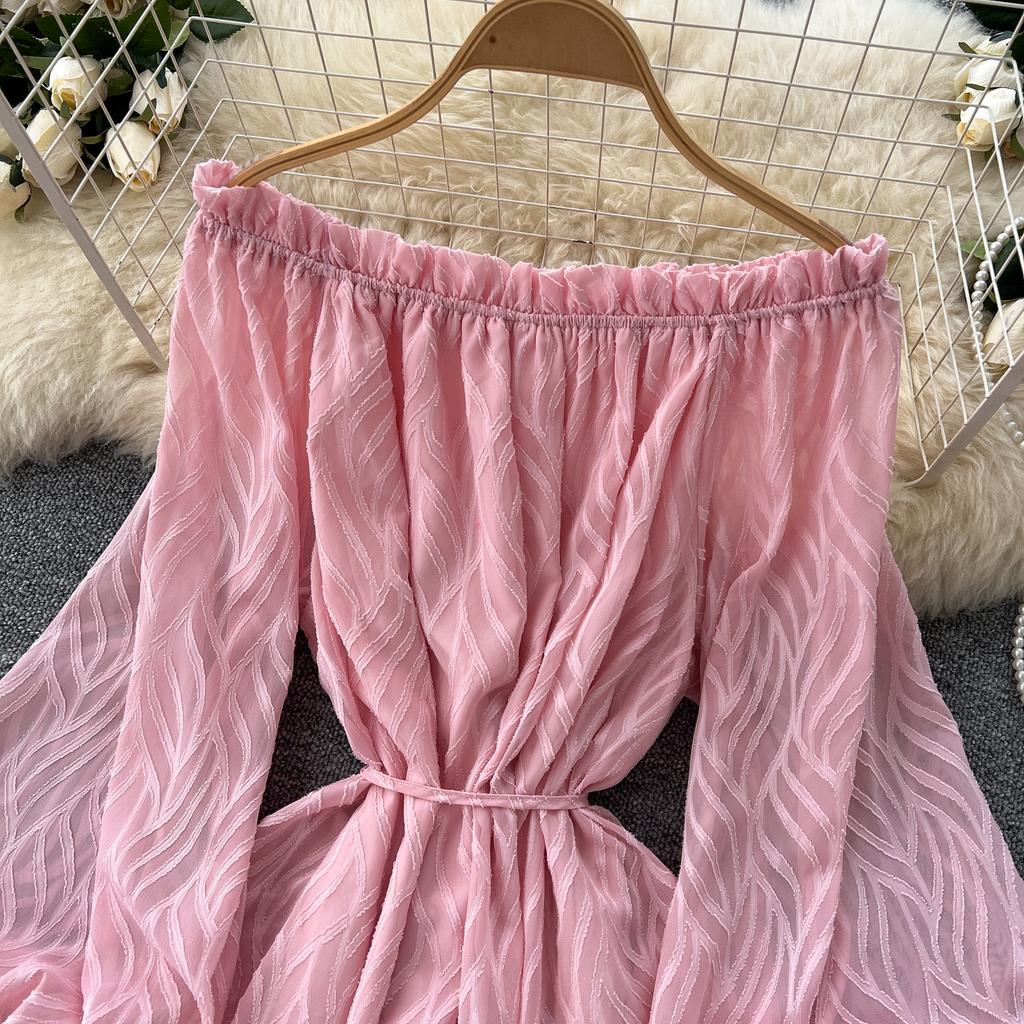 Off Shoulder Temperament Lantern Sleeve Waist Cinched Dress for Women 2025 New Style Big Swing Vacation Dress