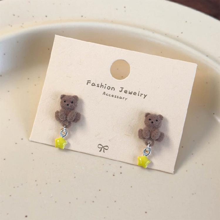 Coffee Flocking Bear Earrings Comfortable Ear Studs Student Fashion Accessories for Daily Commute or Social Event