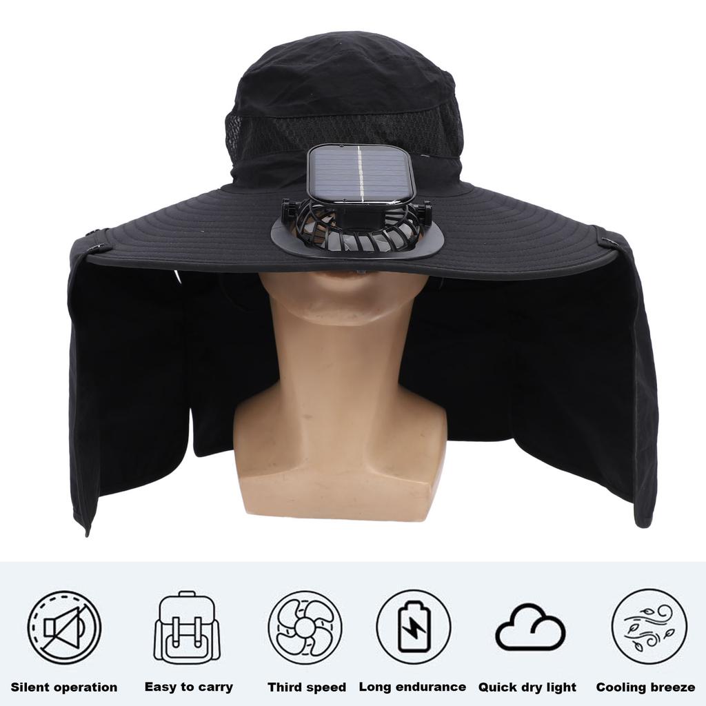 Solar Fan Sun Hat USB Rechargeable   UPF50 Waterproof Wide Brim Fishing Hat with Neck Flap for Beach Garden Outdoor Sports