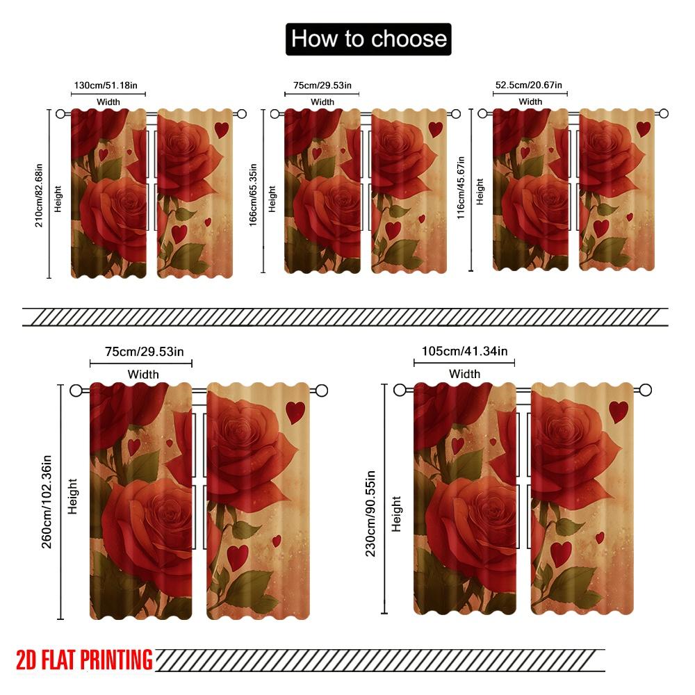 2pcs,2D Plane Printing Curtain Fabric Vibrant Red Roses Design Versatile Polyester Fabric (without Rod) Decorations Outdoor